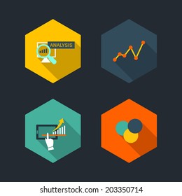 Set of flat vector design icons for web and mobile services. Circle, bar and line diagram charts. Hand pointer cursor .Magnifier glass navigation sign and search symbols.