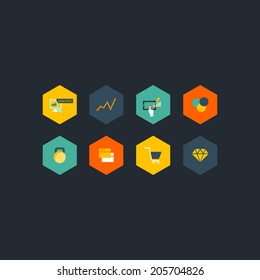 Set of flat vector design icons in circles for web and mobile services. Concept of buying goods at mall via credit card, luxury diamond, poise to weight groceries, monitor with rising graph and hand.