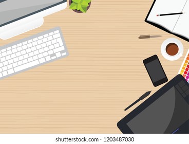 Set of flat vector design illustration of modern business office and workspace. Top view of desk background with laptop.