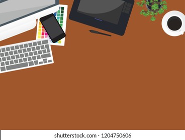 Set of flat vector design illustration of modern business office and workspace. Top view of desk background with laptop.