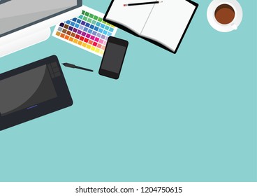 Set of flat vector design illustration of modern business office and workspace. Top view of desk background with laptop.
