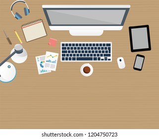 Set of flat vector design illustration of modern business office and workspace. Top view of desk background with laptop.