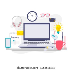 Set of flat vector design illustration of modern business office and workspace. Flat Style Modern Design Concept of Creative Office Workspace.