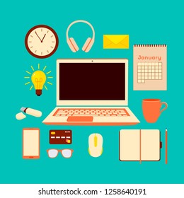 Set of flat vector design illustration of modern business office and workspace. Flat Style Modern Design Concept of Creative Office Workspace.