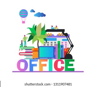 Set of flat vector design illustration of modern business office and workspace with lamp