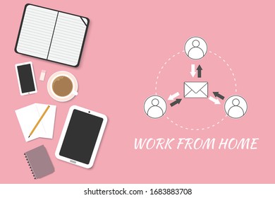 Set of flat vector design illustration of modern business office equipment on pink background. - laptop, digital devices, pencil, coffee and notepad. - work from home concept.