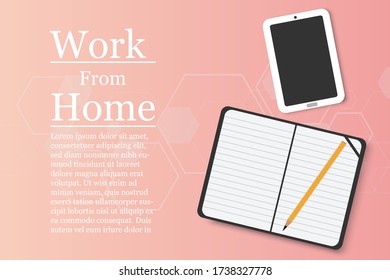 Set of flat vector design illustration of modern business office equipment on pink background. - laptop, digital devices and pencil. - work from home concept.