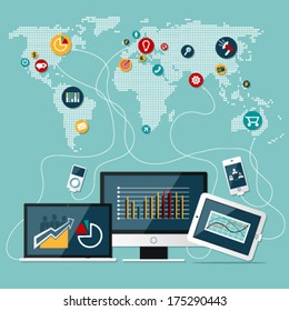 Set of Flat vector design illustration of modern business workspace . Isolated on stylish colored background with long shadows for web.