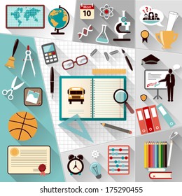 Set of Flat vector design illustration of modern school workspace . Isolated on stylish colored background with long shadows for web. Graphic Design Editable For Your Design. 