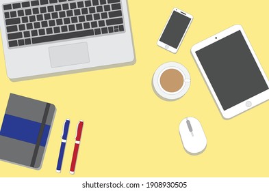 Set of flat vector design illustration of modern business office and workspace. Top view of desk background with laptop, digital devices and notepad. work from home.