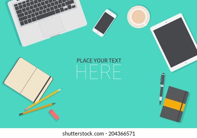 Set of flat vector design illustration of modern business office and workspace. Top view of desk background with laptop, digital devices and notepad