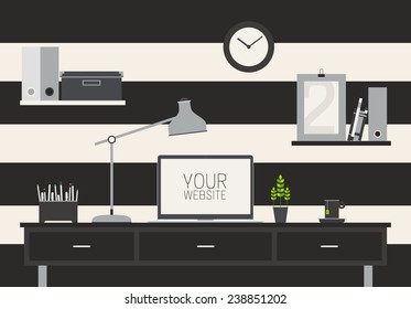 Set of Flat vector design illustration of modern business office and workspace with mac book pro, trendy black and white colors