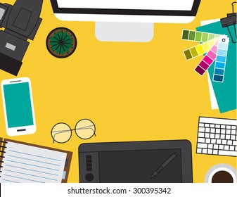 Set of Flat vector design illustration of modern business office and workspace. Top view of desk background with laptop, digital devices, office objects ,Graphic design, web creation, online business