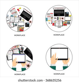 Set of Flat vector design illustration of modern business office and workspace. Top view of desk background with laptop, digital devices, office objects with notepad