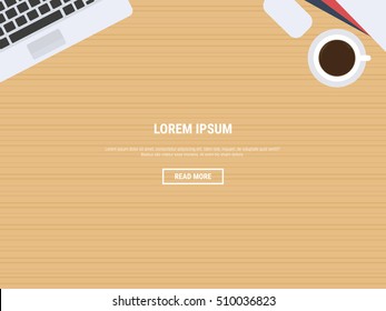 Set of Flat vector design illustration of modern business office and workspace. Top view of desk background.