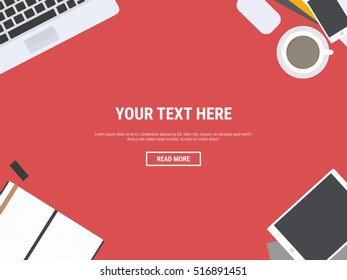 Set of Flat vector design illustration of modern business office and workspace. Top view of desk background.