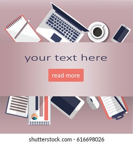 Set of flat vector design illustration of modern business office and workspace. Top view set of desk background with laptop, digital devices and notepad.Office work concept