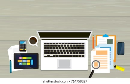 Set of flat vector design illustration of modern business office and workspace. Top view of desk background with laptop, digital devices and notepad