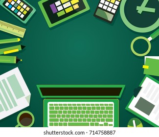 Set of flat vector design illustration of modern business office and workspace. Top view of desk background with laptop, digital devices and notepad