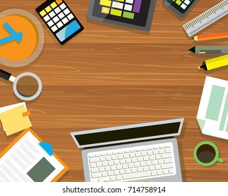 Set of flat vector design illustration of modern business office and workspace. Top view of desk background with laptop, digital devices and notepad