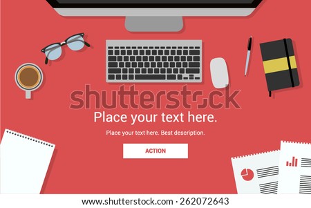 Set of Flat vector design illustration of modern business office and workspace. Top view of desk background.