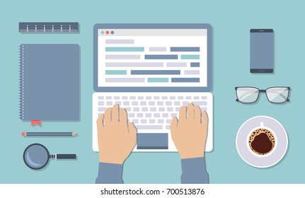Set Of Flat Vector Design. Top View Workspace Table. 