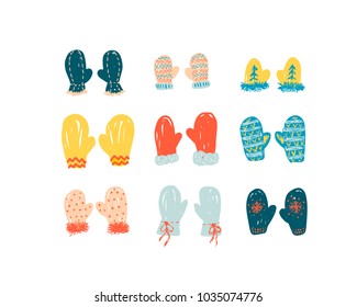 Set of flat vector doodle cute winter mittens