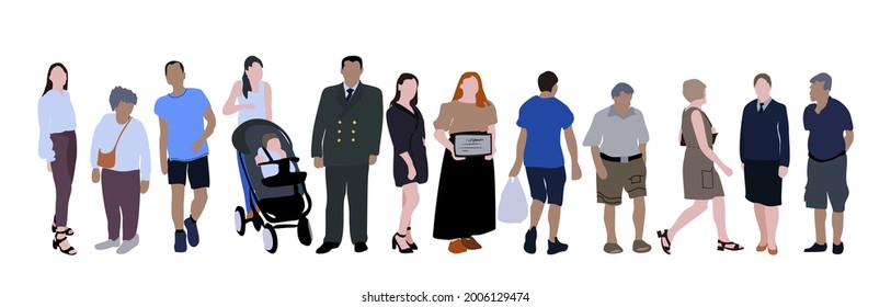 Conjunto de dibujos vectoriales planos de personas. Imágenes de silueta de hombres y mujeres de diferentes edades en diferentes poses. Infografía de la ciudad