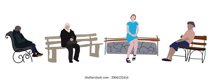 Set of flat vector drawings of people sitting on a bench. Silhouette images of women of different ages in the park. City infographics