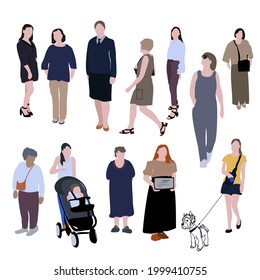 Set of flat vector drawings of women. Silhouette images of ladies of different ages in different poses. City infographics