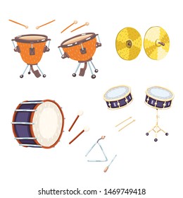 Set of flat vector drums. Triangle, cymbals, snare drum, bass drum, timpani, drum sticks. Classical percussion musical instruments. Warm, golden, silver colors. Isolated objects. White background