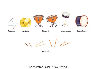 Set of flat vector drums. Triangle, cymbals, snare drum, bass drum, timpani, drum sticks. Classical percussion musical instruments. Warm, golden, silver colors. Isolated objects. White background