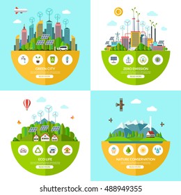 Set of flat vector ecology illustrations with icons of environment, green city, eco life, nature conservation, planet saving, alternative energy, zero emissions, recycling, eco-friendly transport