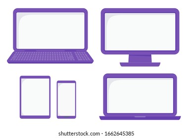 Set of flat vector electronic devices. Computer with monitor and laptop, tablet and mobile phone. Templates with copy space for your text. Illustration isolated on white background.