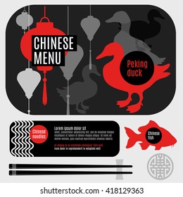 Set of flat, vector elements for corporate identity chinese restaurant.
Logo for restaurant, cafe, menu. Cartoon food plate, top view, silhouette.