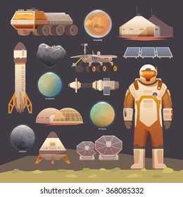 Set of flat vector elements on the theme of astronomy, space exploration, colonization of Mars, moon, Europa and Titan. Space adventure. The first colonies. Terraforming. Modern flat design.