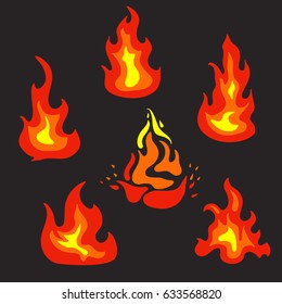 Set of flat vector fire icons, blazing flame signs