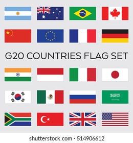 Un conjunto de banderas vectoriales planas para todo el grupo de naciones del G20. Estos países conforman las principales economías del mundo.