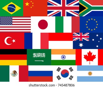 set of flat vector flags for the entire group of G20 nations. actual sizes and colors
