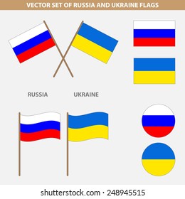 Set of flat vector flags, icons and buttons. Dedicated to the conflict between  Russia and Ukraine. 