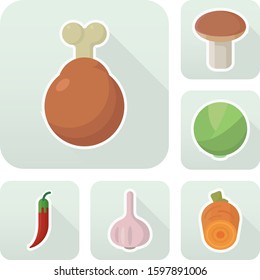 Set of flat vector food items with shadow on blue frame. chicken, mushroom, carrot, pepper, garlic, cabbage, chili