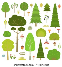 Set of flat vector forest elements: trees, spruce, pine, grass, mushrooms, moss, berries and bushes isolated on transparent background.