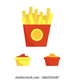 Set of flat vector french fries, ketchup and mustard icon: french fries, sauce bowls, Bright colorful illustrations isolated on white background. Perfect for fast food restaurant menu design.