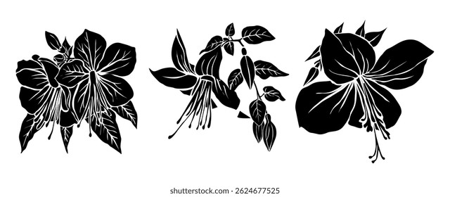Set of flat vector Fuchsia flower silhouettes. Elegant black floral elements for botanical design, tattoos, prints, or decorative compositions. Isolated on white background. 