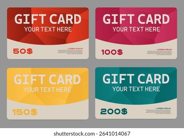 Set of flat vector gift cards in red pink yellow and teal colors with clean modern layout and rounded shapes. Perfect for discounts vouchers promotions or online shopping banners
