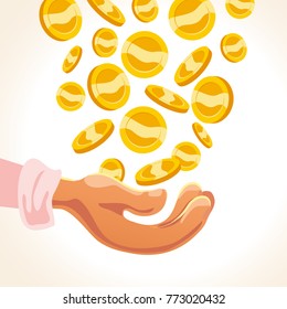 Set of flat vector golden coins fallin and human hand isolated on white background. Coins stack, pile illustration. Cash symbol, sign. Game money element. 