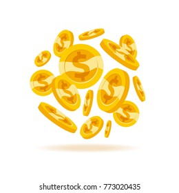 Set of flat vector golden coins fallin isolated on white background. Coins stack, pile illustration. Cash symbol, sign. Game money element. 