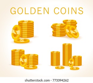 Set of flat vector golden coins isolated on white background. Coins stack, pile illustration. Cash symbol, sign. Game money element. 