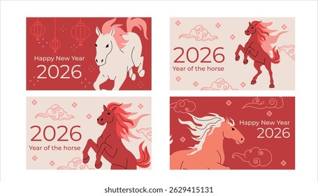 Set of flat vector greeting cards for Chinese New Year 2026. Stylized horses, clouds, and lanterns in red and beige colors. Celebrating Year of the Horse with modern festive design. Vector