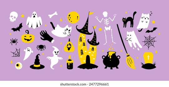 Set of flat vector Halloween elements. Cute black, white and yellow spooky ghost cat, pumpkin, bat, skull, spider, grave, cauldron, castle on purple background. Hand drawn sticker collection.